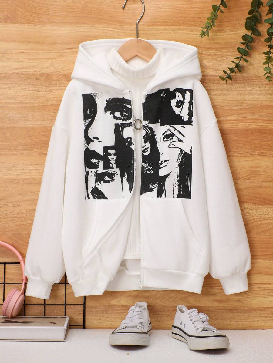 SHEIN 少女款单件印花落肩卫衣 - 白色 - 查看 1