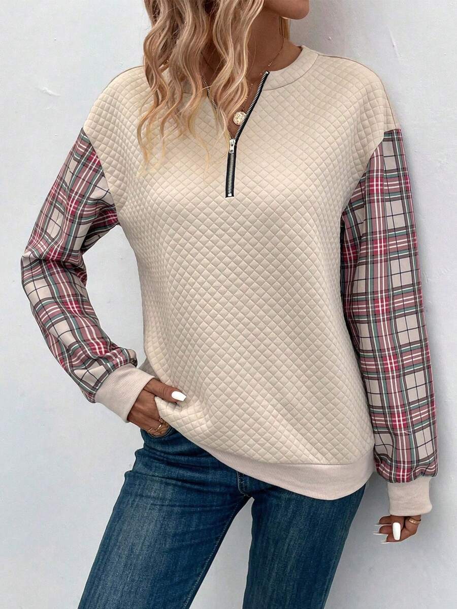 SHEIN LUNE Contrast Plaid Print Half Zip Drop Shoulder Sweatshirt Pullover Fall Sweatshirt - Multicolor - View 1