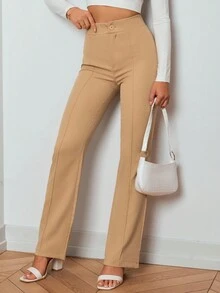 Cottnline High Waist Seam Detail Pants - Beige - View 3