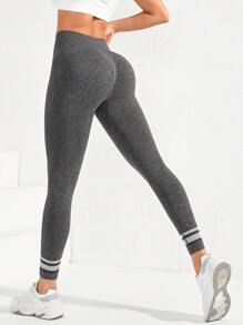 Yoga Basic 條紋印花寬腰帶運動打底褲,訓練褲 - 灰色 - 查看 1
