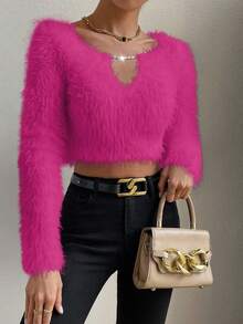 SHEIN Essnce Rhinestone Detail Fluffy Knit Crop Sweater - Hot Pink - View 3