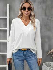 SHEIN LUNE V領長袖上衣 - 白色 - 查看 5