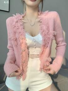 DAZY 素色毛邊緣短款開衫 - 粉色 - 查看 2