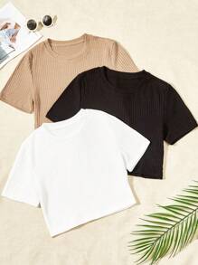 SHEIN Thiếu niên cô gái 3pcs Chất rắn Đồ đan Ribbed Áo thun - màu đen - Xem 1