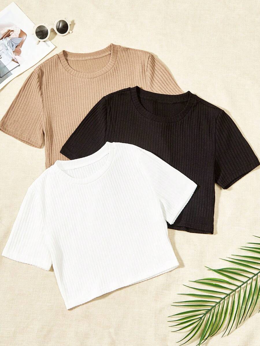 SHEIN Thiếu niên cô gái 3pcs Chất rắn Đồ đan Ribbed Áo thun - màu đen - Xem 1