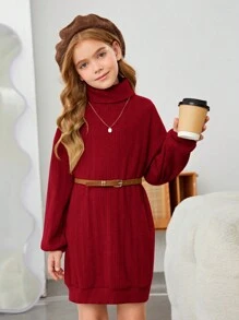 SHEIN 女大童高領落肩袖洋裝不附腰帶 - 酒紅色 - 查看 1