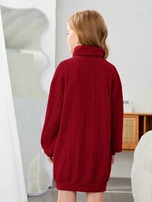 SHEIN 女大童高領落肩袖洋裝不附腰帶 - 酒紅色 - 查看 2