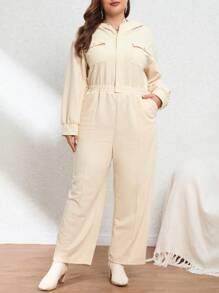 SHEIN Essnce Plus Flap Pocket Drop Shoulder Shirt Jumpsuit - Apricot - View 5