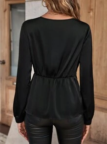 SHEIN Clasi Solid Wrap Satin Blouse - Black - View 2