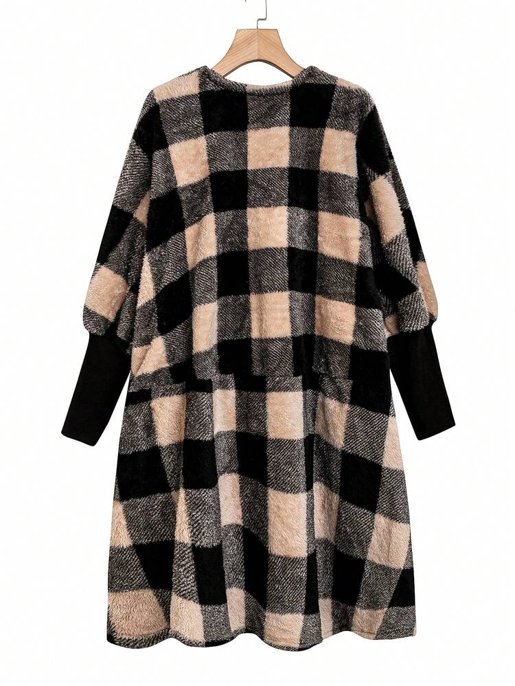 Plus Buffalo Plaid Print Open Front Coat