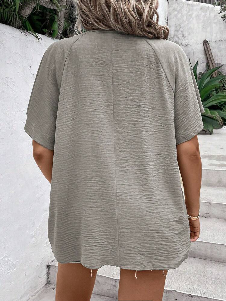 SHEIN LUNE 大码短袖花卉刺绣荷叶边领宽松休闲通勤度假衬衫 - 薄荷綠 - 查看 2