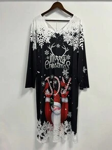 Plus Christmas Printed Dress - Black and White - View 3