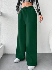 RueChic 女士純色彈性高腰寬褲運動褲 - 綠色 - 查看 5