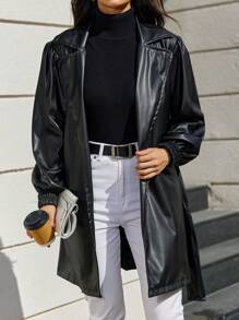 EURMUSE Ladies' Turn-down Collar Tie Belt Pu Jacket - Black - View 3