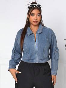 SHEIN EZwear Women's Plus Size Denim Jacket - Blue - View 7