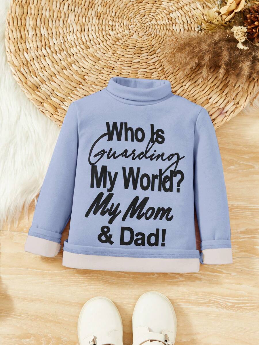 SHEIN Cô Gái Trẻ Đồ họa Khẩu hiệu Áo cao cổ Lót nhiệt Áo thun - Màu xanh lam - Xem 1