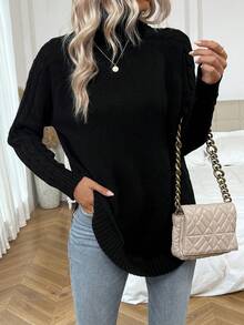 SHEIN LUNE Áo cao cổ Tay Raglan Curved Hem Áo len - màu đen - Xem 4