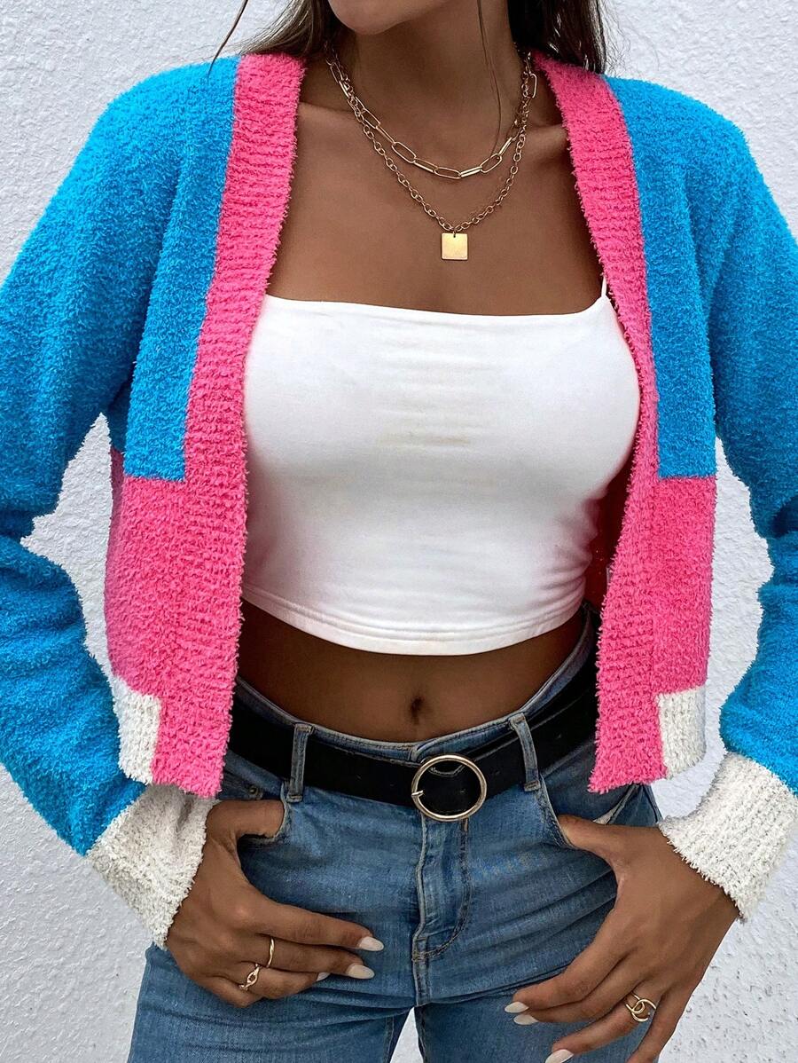 SHEIN Essnce Của phụ nữ Màu sắc Chặn Áo len Mở Với Mở Mặt trước - Màu xanh lam - Xem 1