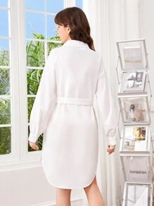 少女純色梭織翻領休閒連身裙 - 白色 - 查看 2