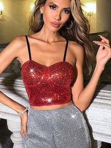 Allurite Sequin Crop Cami Top - Red - View 3