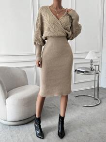 EMERY ROSE Batwing Sleeve Split Hem Wrap Sweater Dress Knitted Co Ord Setknitted Two Pieces Outfitsweater Skirt Setsweater Two Pieces Setwinter Two Pieces Set - Khaki - View 3