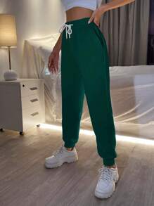 SHEIN PETITE 純色束口腰口袋運動褲 - 綠色 - 查看 5