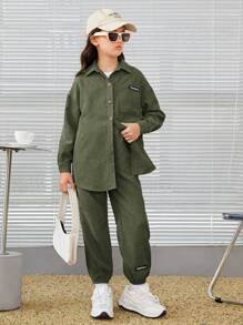 SHEIN Cô gái Tween Thư được vá Thả vai Áo sơ mi & Quần - xanh quân đội - Xem 5
