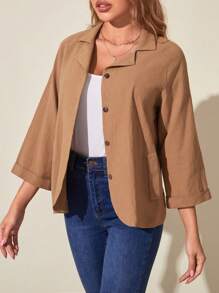 SHEIN LUNE Solid Button Front Lapel Collar Coat - Khaki - View 5