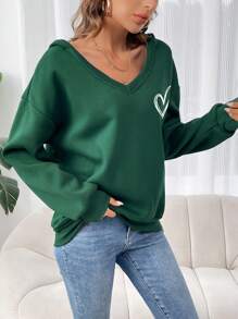 SHEIN LUNE Của phụ nữ In Trái tim Màu xanh lá Cổ chữ V Áo nỉ - Màu xanh lá cây đậm - Xem 4