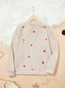 SHEIN Tween Girl Heart Print Drop Shoulder Lace Mock Neck Sweatshirt - Multicolor - View 1