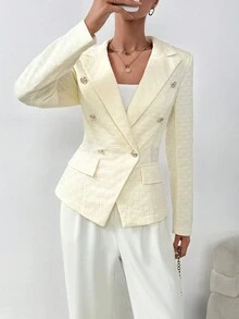 SHEIN Privé Double Breasted Flap Detail Blazer - Apricot - View 2
