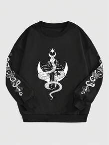 ROMWE Goth Con rắn Và Mặt trăng In Áo nỉ - màu đen - Xem 1