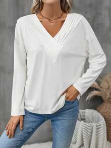 SHEIN LUNE V領長袖上衣 - 白色 - 查看 4