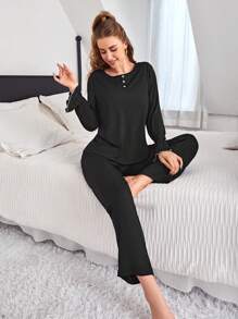 女性荷葉邊短袖t恤和長褲睡衣套裝 - 黑色 - 查看 1