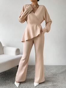 SHEIN Privé 女士不規則下擺披領上衣和喇叭褲套裝 - 卡其色 - 查看 4