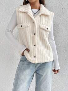 SHEIN Unity Chi tiết về Flap Teddy Áo khoác vest - Màu be - Xem 3