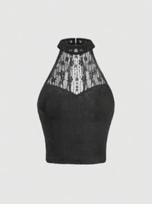 SHEIN MOD Top halter con encaje - Negro - Ver 1