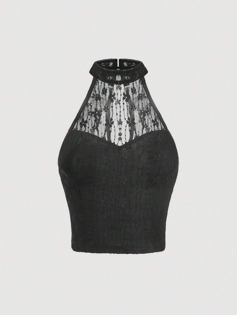 SHEIN MOD Top halter con encaje - Negro - Ver 1