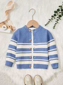 嬰兒男孩條紋圖案開襟衫 - 藍色 - 查看 1