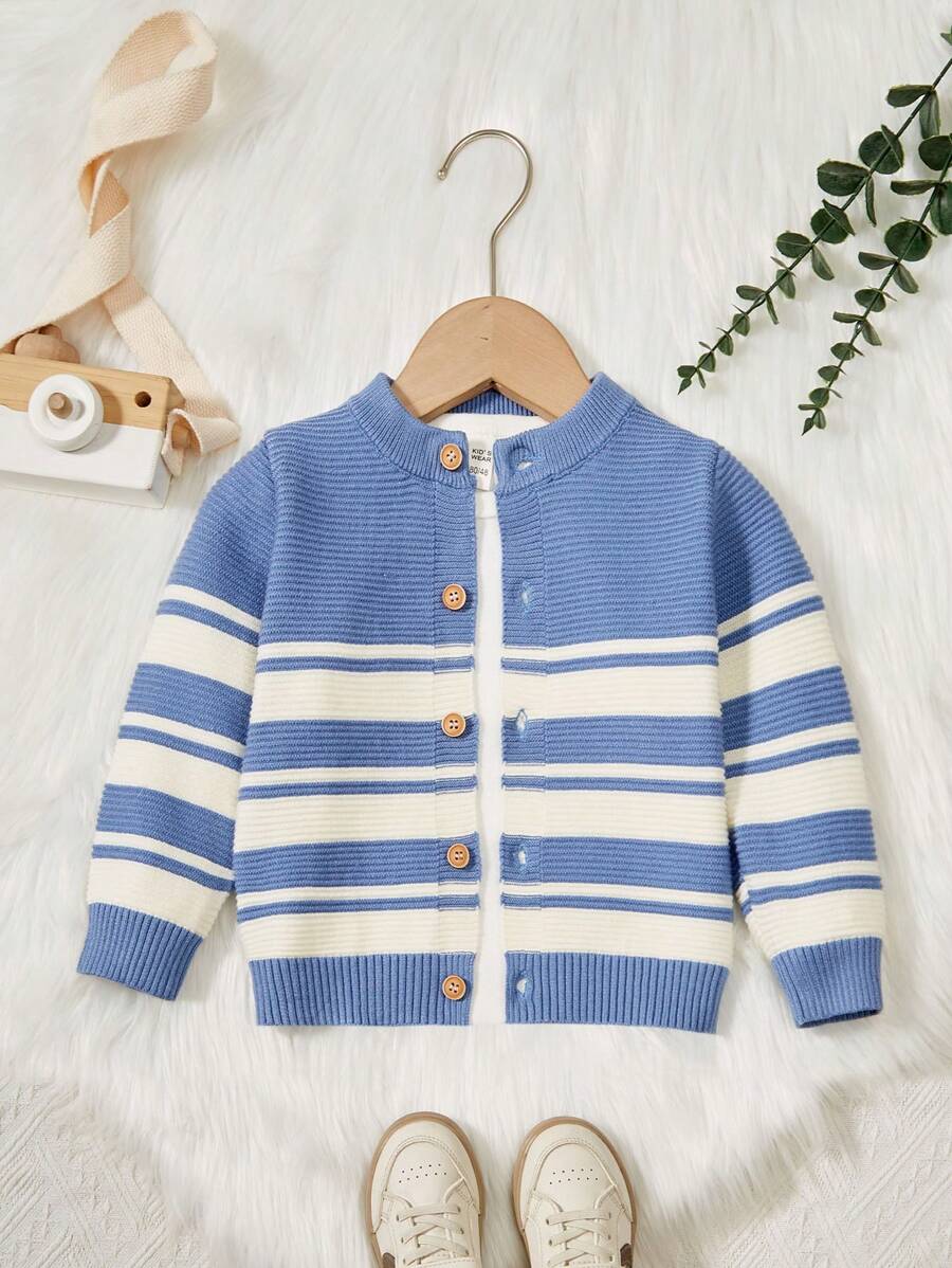 嬰兒男孩條紋圖案開襟衫 - 藍色 - 查看 1
