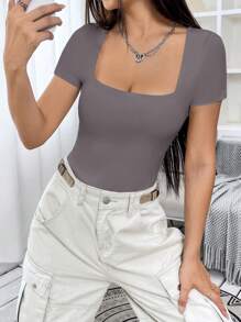 SHEIN EZwear 方領條紋針織T恤連體衣 - 灰色 - 查看 5