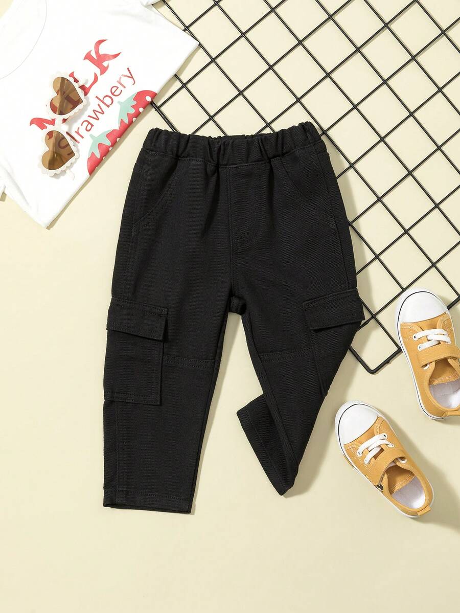 嬰兒男童純色工裝風牛仔褲 - 黑色 - 查看 1