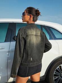 SHEIN ICON Ripped Flap Pocket Denim Jacket - Black - View 2