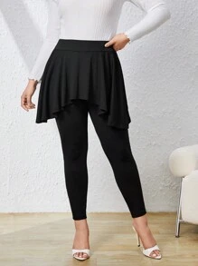 SHEIN Privé 大碼高腰荷葉邊二合一緊身打底褲 - 黑色 - 查看 5