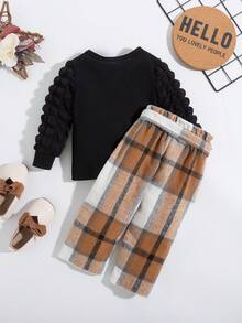 女嬰素色T恤&格紋腰帶長褲 - 黑色 - 查看 2