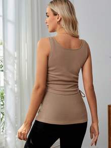 SHEIN 孕婦束腰設計,褶皺按鈕母乳坦克上衣 - 卡其色 - 查看 2