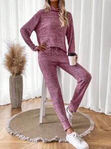 SHEIN LUNE Space Dye Drop Shoulder Tee & Drawstring Waist Pants Fall Cloth For Women - Baby Pink - View 4
