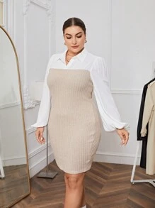 SHEIN Essnce Plus Two Tone Lantern Sleeve 2 In 1 Bodycon Dress - Khaki - View 6