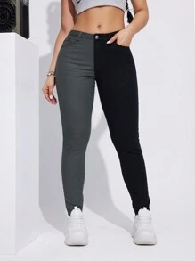SHEIN EZwear Two Tone Skinny Jeans - Multicolor - View 4