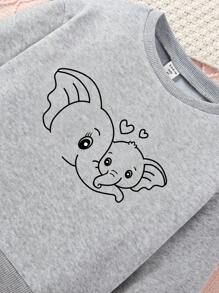 SHEIN Girls' Cute Elephant Patterned Fleece Sweatshirt For Daily Wear In Fall And Winter, Also Available In Mommy And Me Matching Style (2 Pieces Are Sold Separately) - Grey - View 5